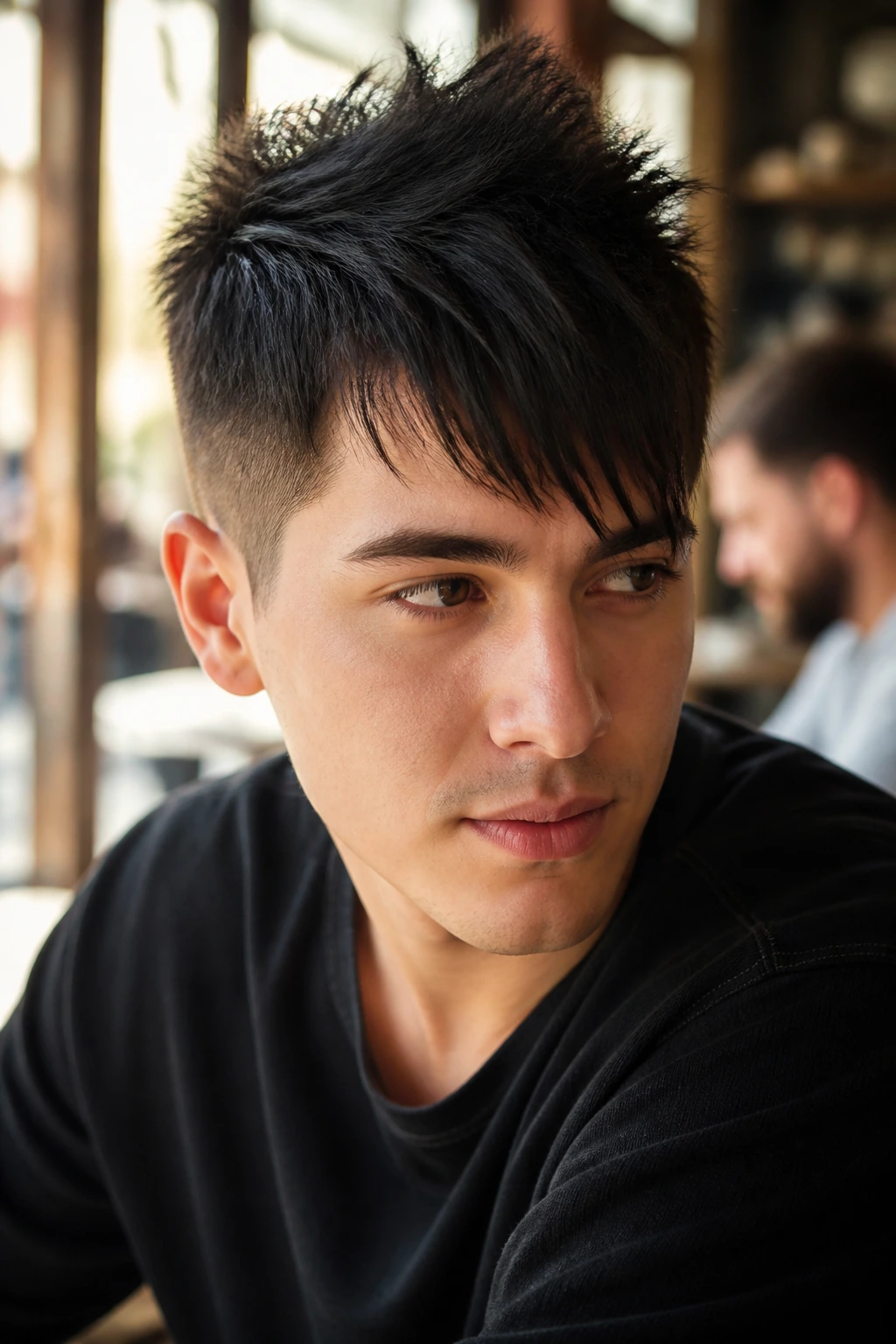 Close-up of a real person with jagged angular fringe and spiked top in cafe light