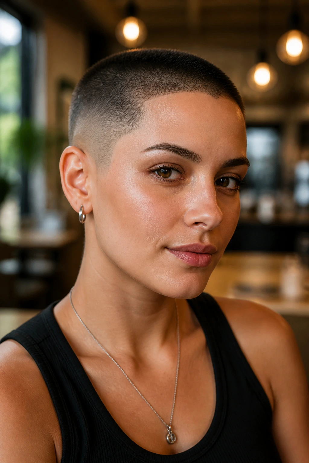 Close-up of a real woman with an angular hairline buzzing front line