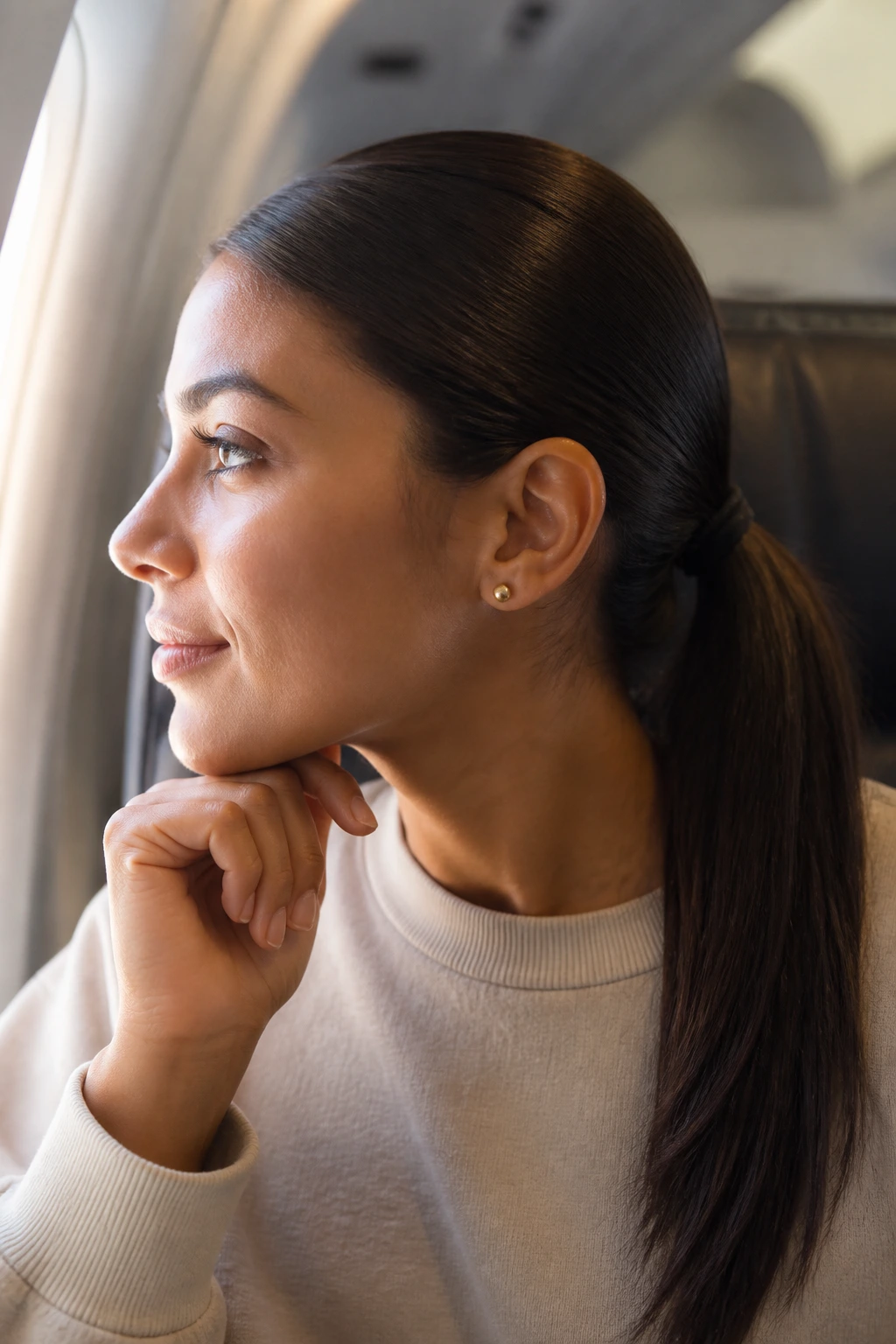 Close-up of a real woman with anti-frizz travel ponytail in travel setting