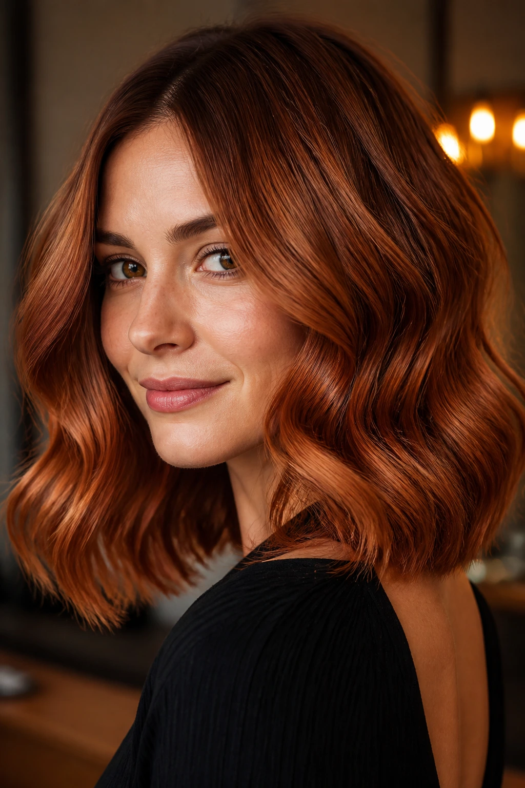Close-up of a woman with shoulder-length wavy hair showing antique copper gloss.
