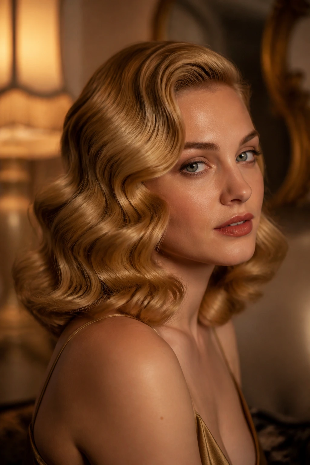 Close-up of antique gold glam waves on a real person in a vintage setting