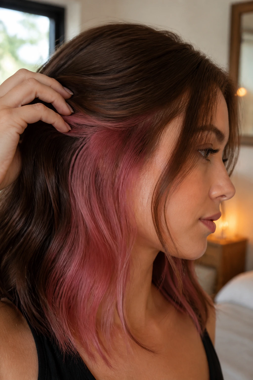 Hair with antique rose underlayer peeking through at the bottom.