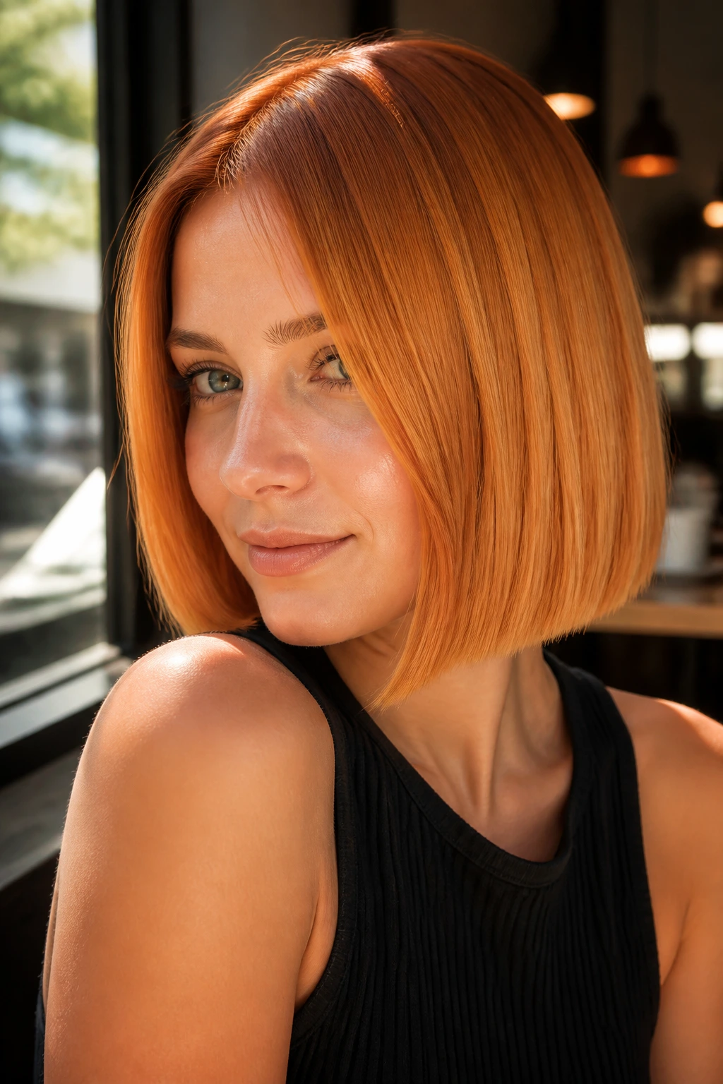 Portrait of a woman with apricot amber bob
