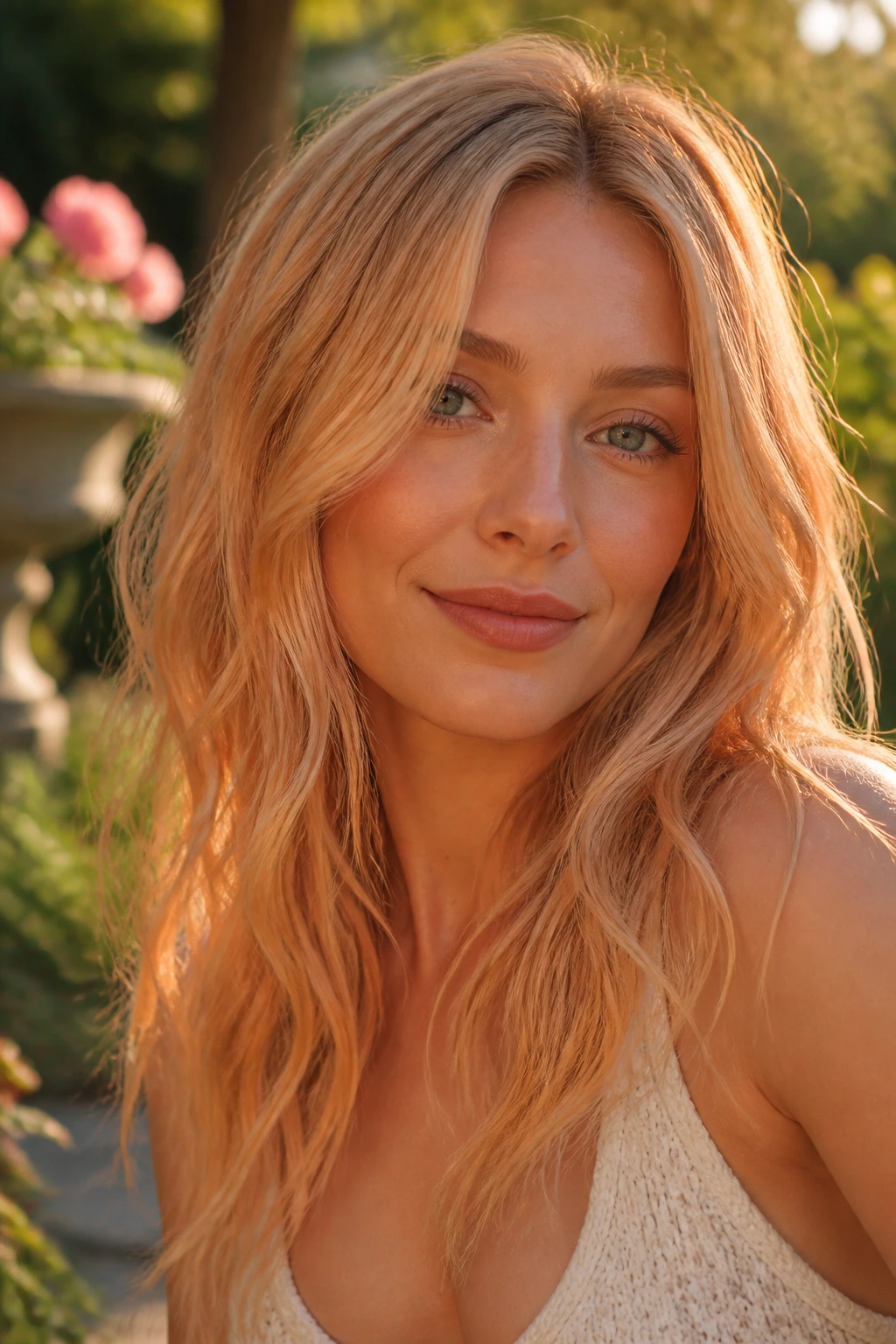 Close-up of a real person with Apricot Blonde hair in an outdoor garden