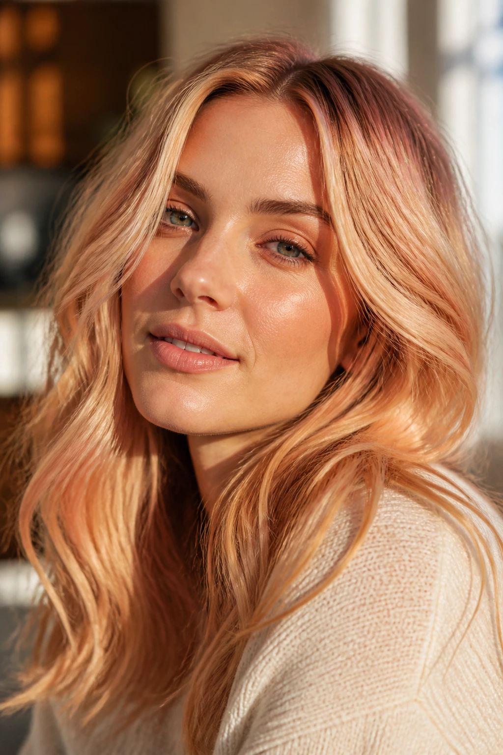 Close-up of apricot blonde blend on a real woman in warm light.