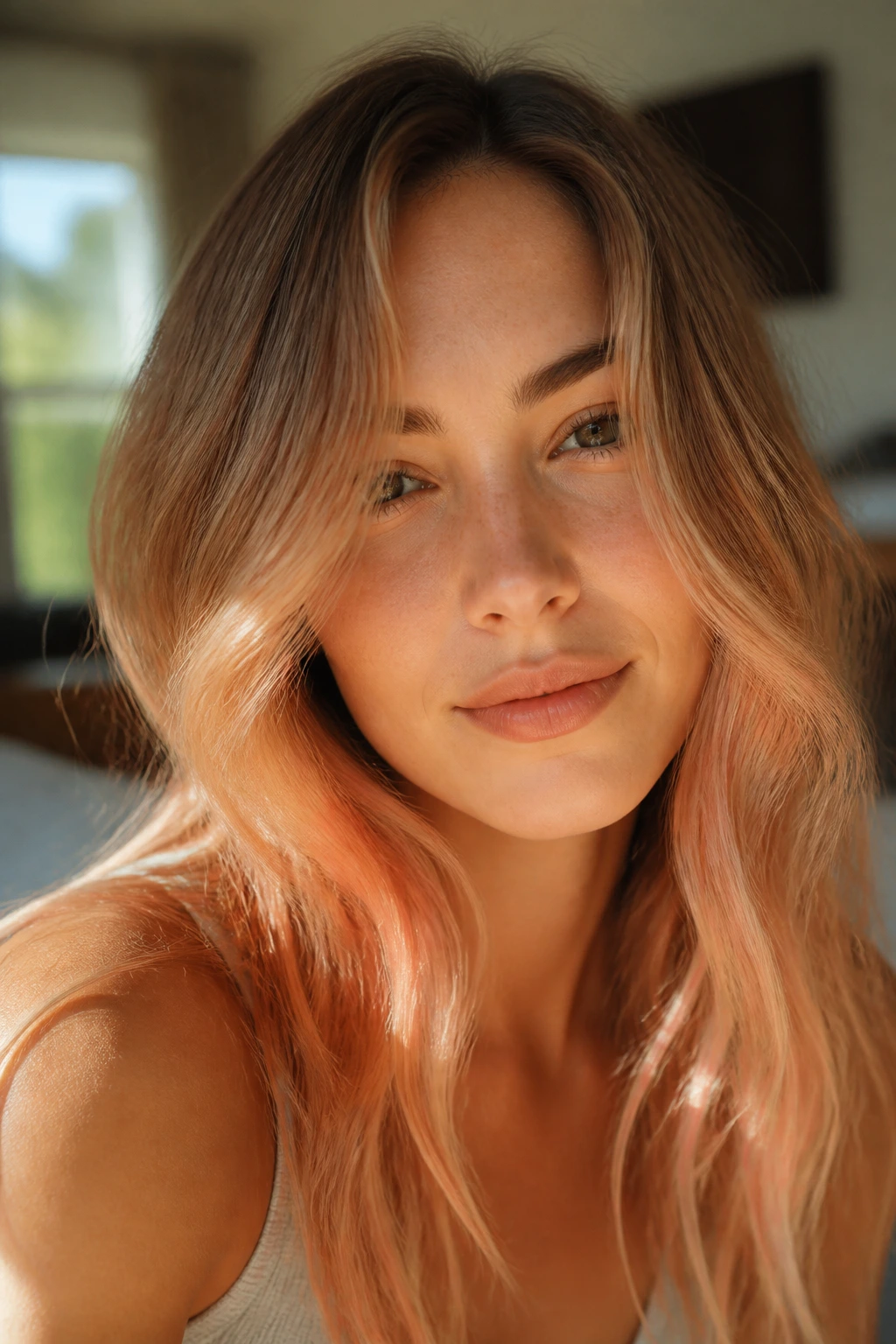 Close-up of a real person with apricot blonde ends and muted roots