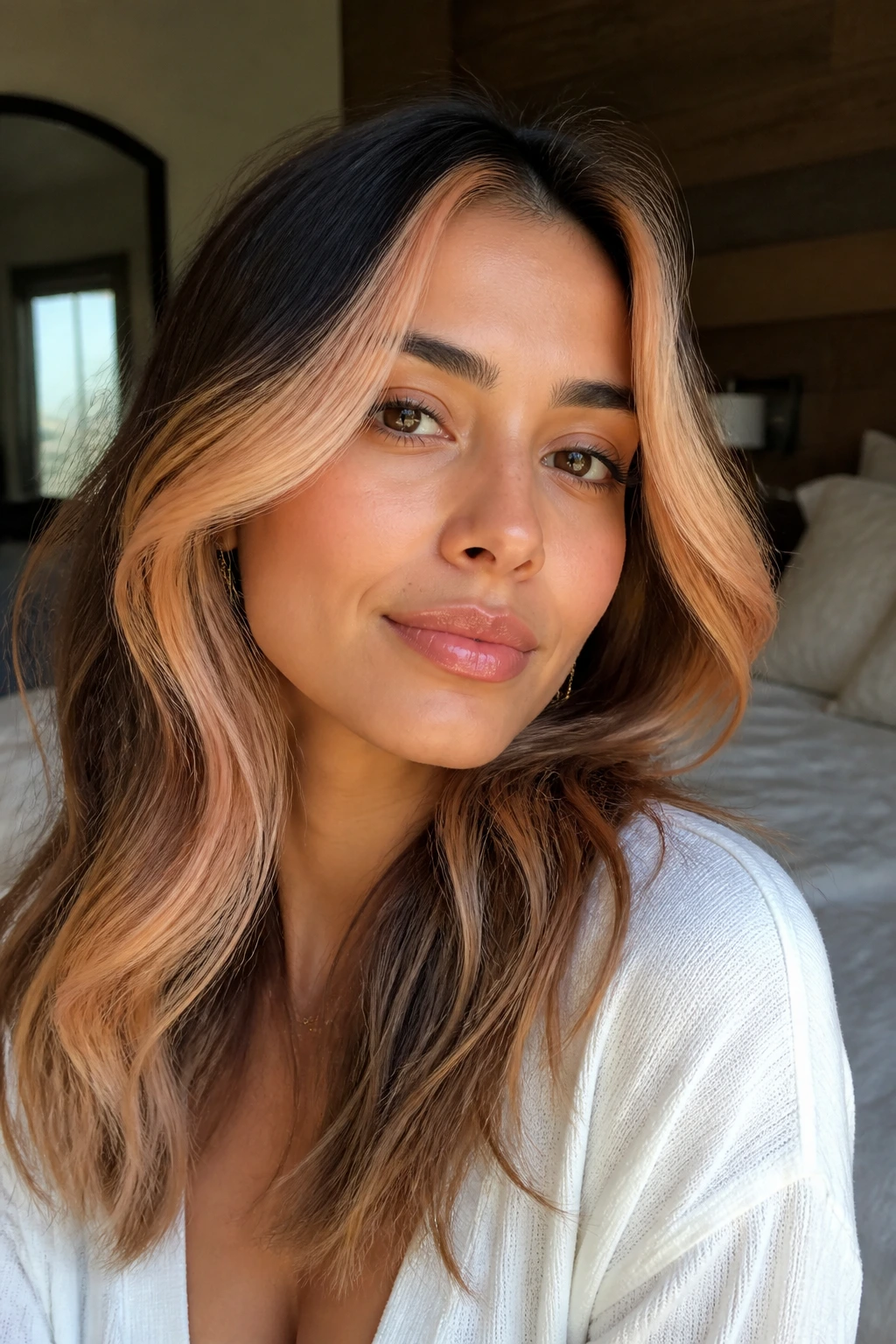 Close-up of a real woman with apricot blonde face-framing pieces highlighting cheekbones