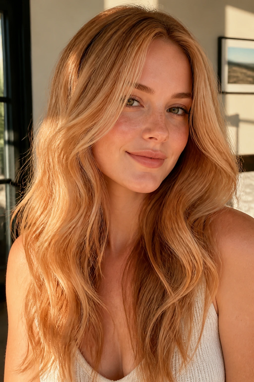 Portrait of a person with apricot blonde hair and warm undertones in natural light