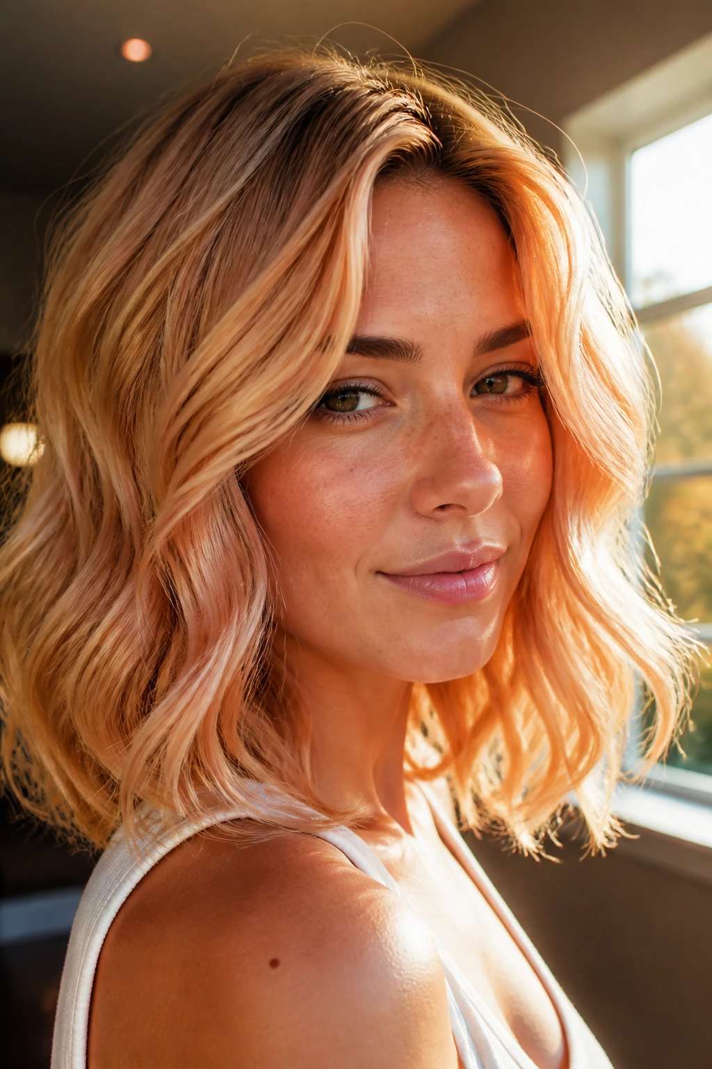 Close-up of a woman with apricot blonde waves.