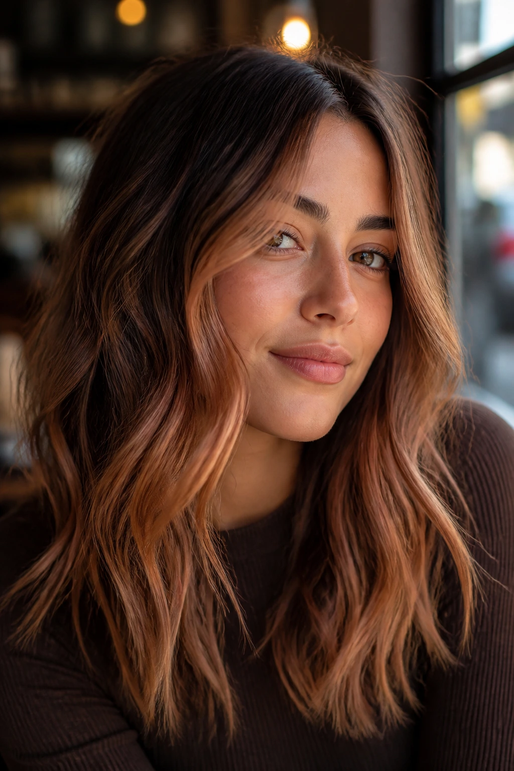 Close-up portrait of a real woman with apricot glaze on brunette hair