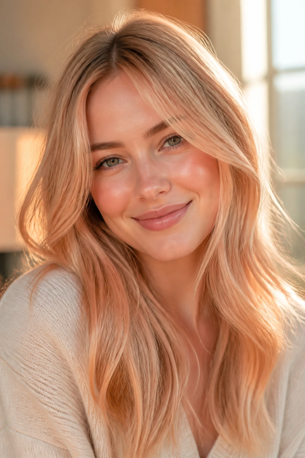 Portrait of real woman in apricot butter blonde with peach glow