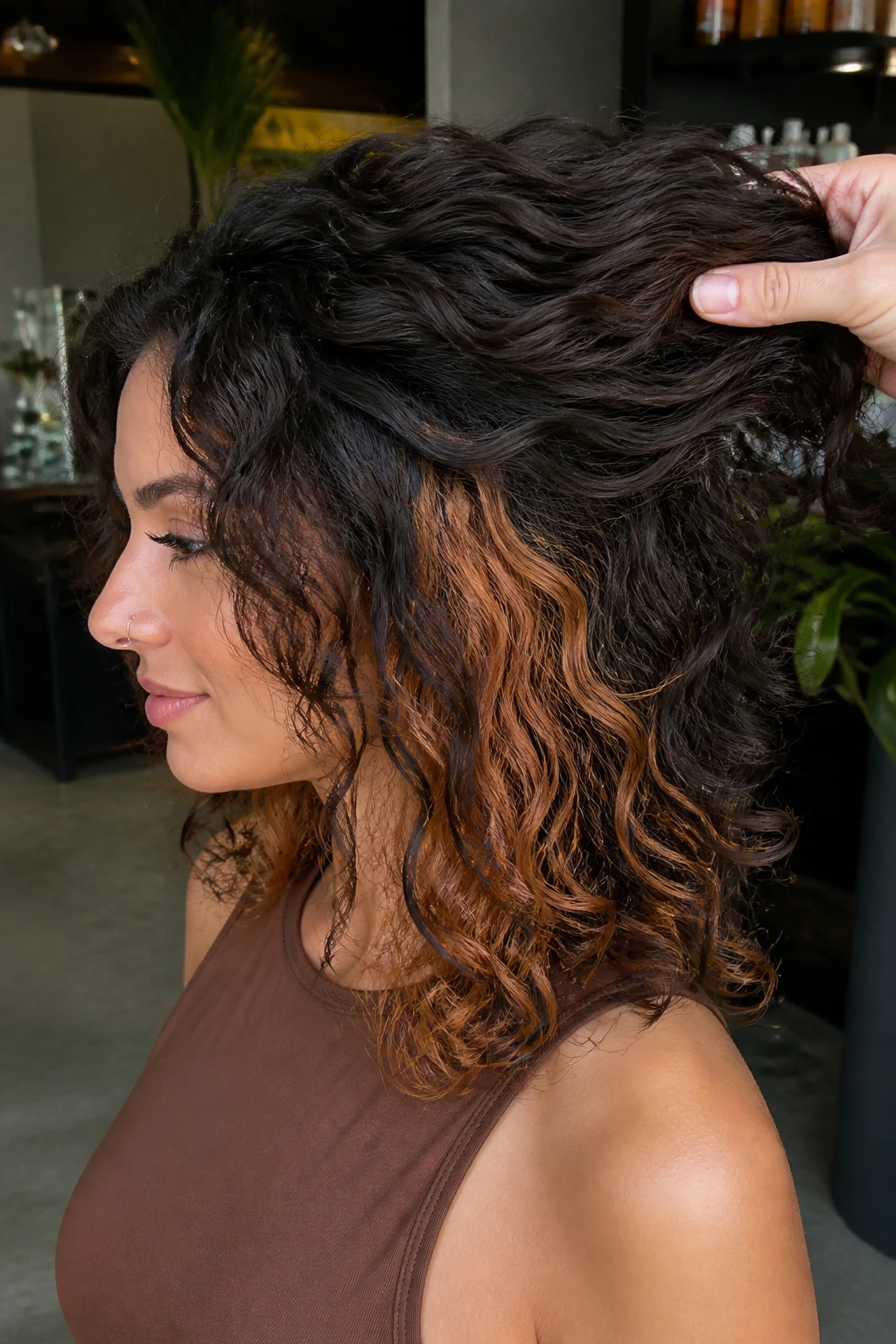 Real person with apricot caramel peekaboo panels under top layer