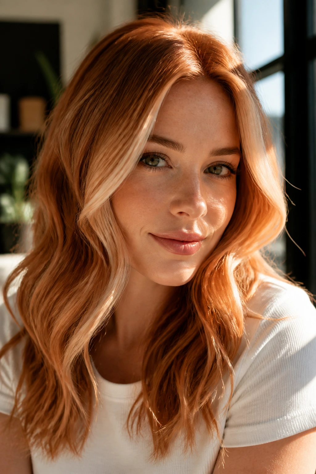 Close-up of a real woman with apricot copper hair and bright face frame in natural light