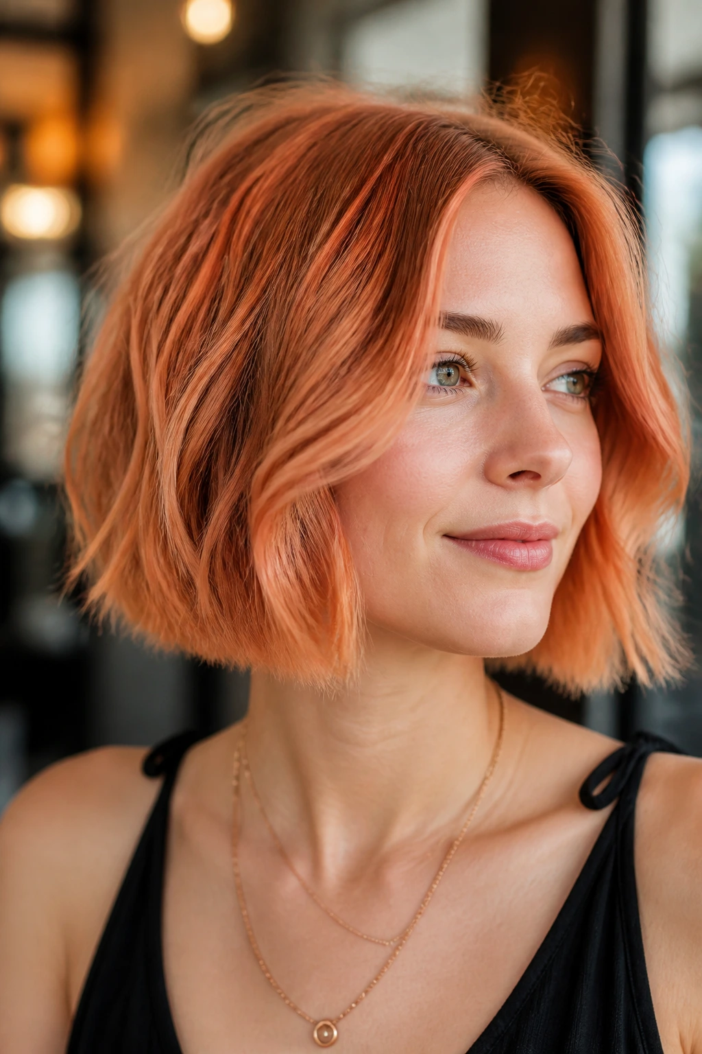 Close-up of real person with Apricot Copper Bob color