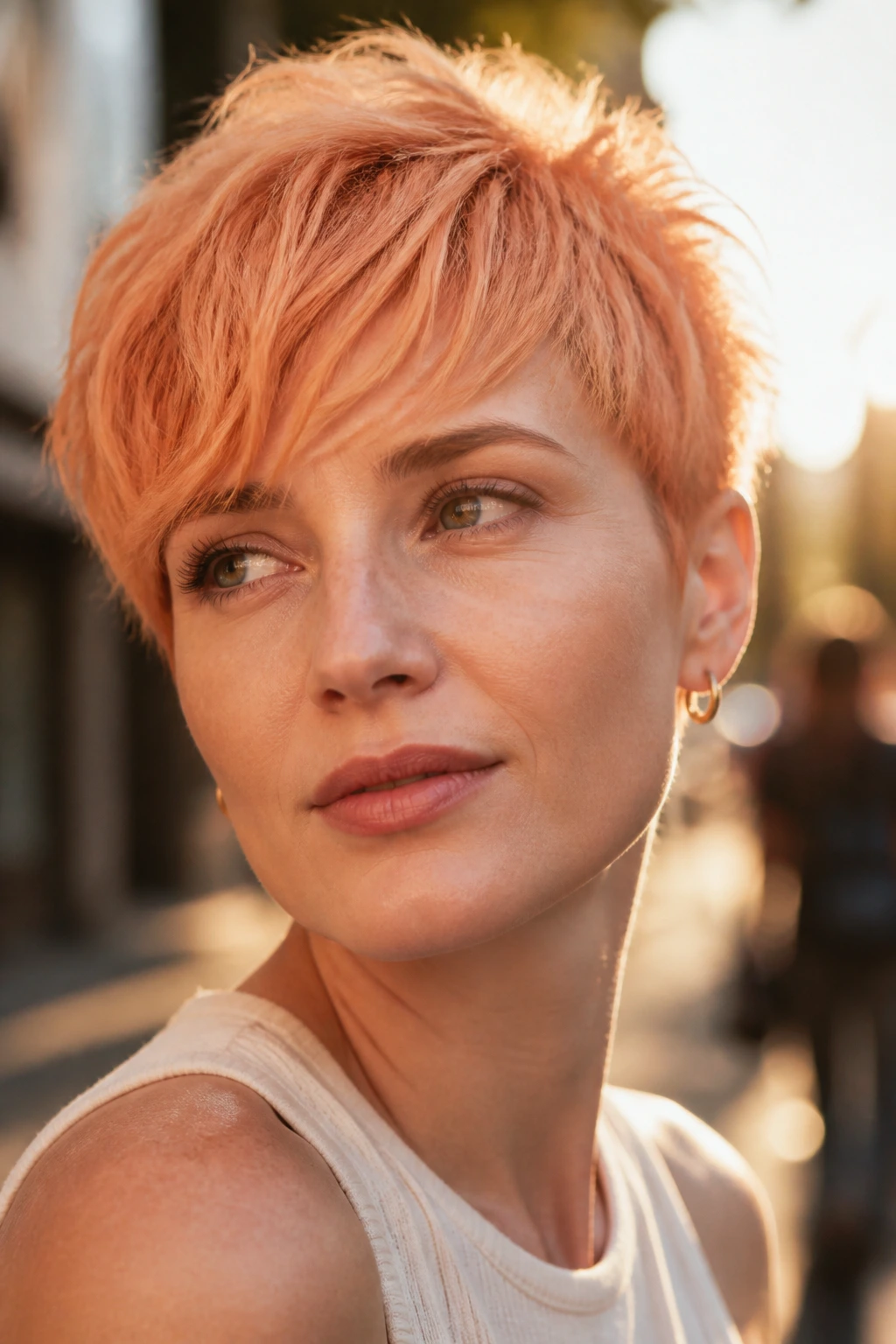 Close-up portrait of a woman with apricot copper crop in sunny outdoor setting