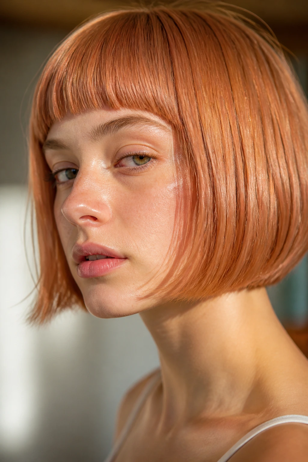 Close-up of apricot copper micro bob on a real person