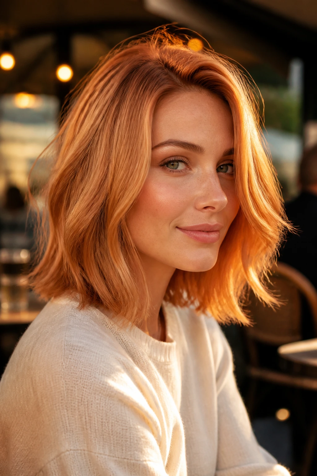 Close-up portrait of a woman with apricot copper midlength hair in soft waves