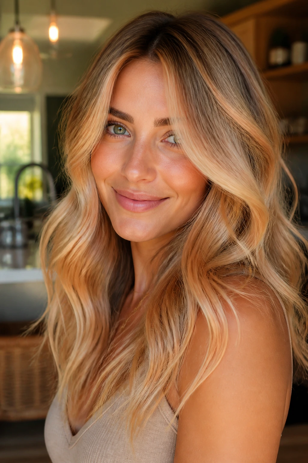 Brilliant apricot dimensional highlights on blonde hair in close portrait