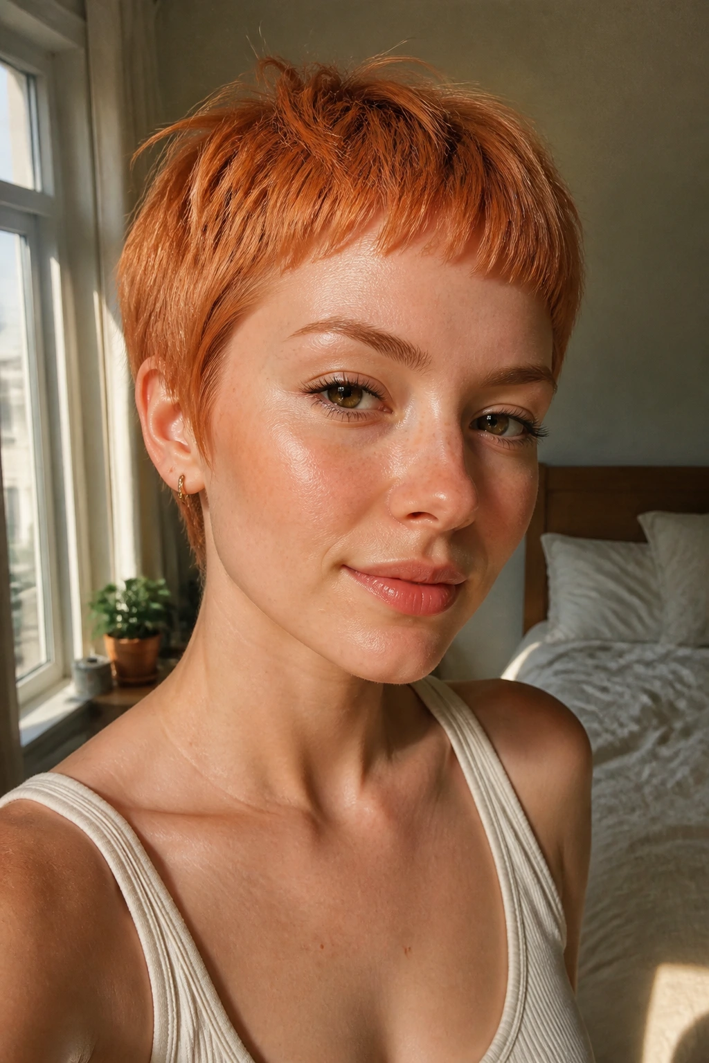 Close-up of apricot ginger crop with baby bangs in sunlight