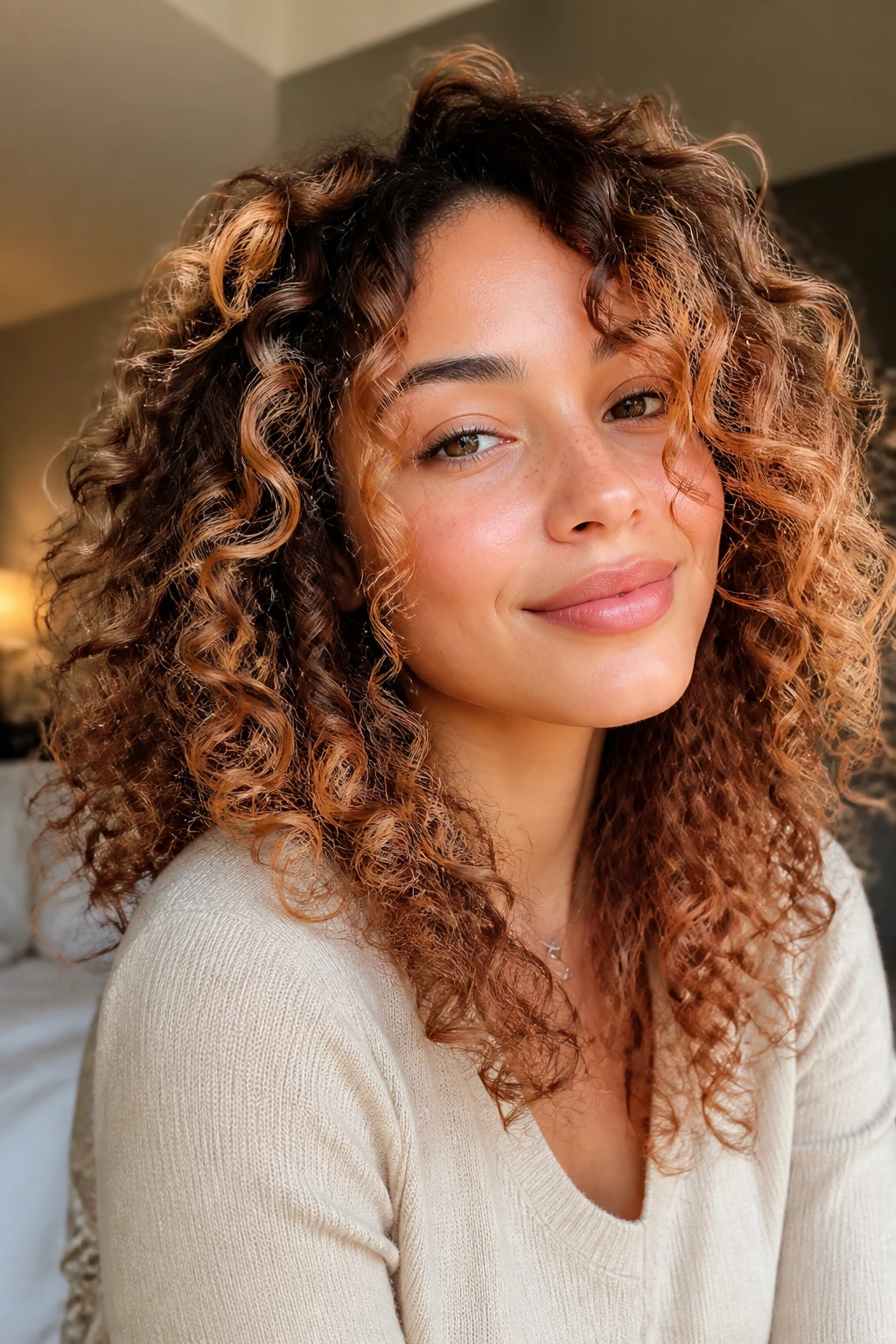 Close-up of a real woman with apricot glow on curling hair around the face