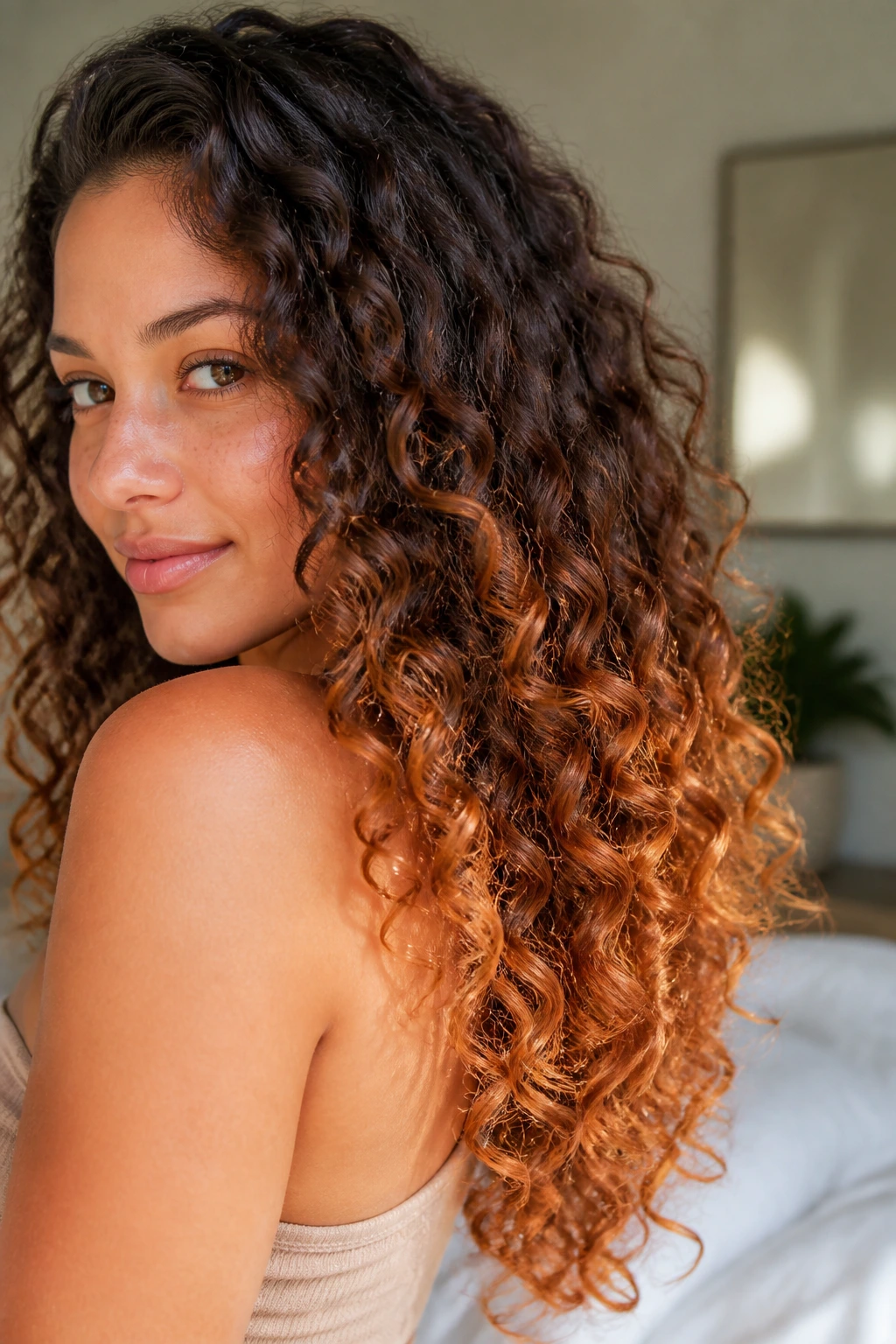 Curly hair with apricot glow tips catching light