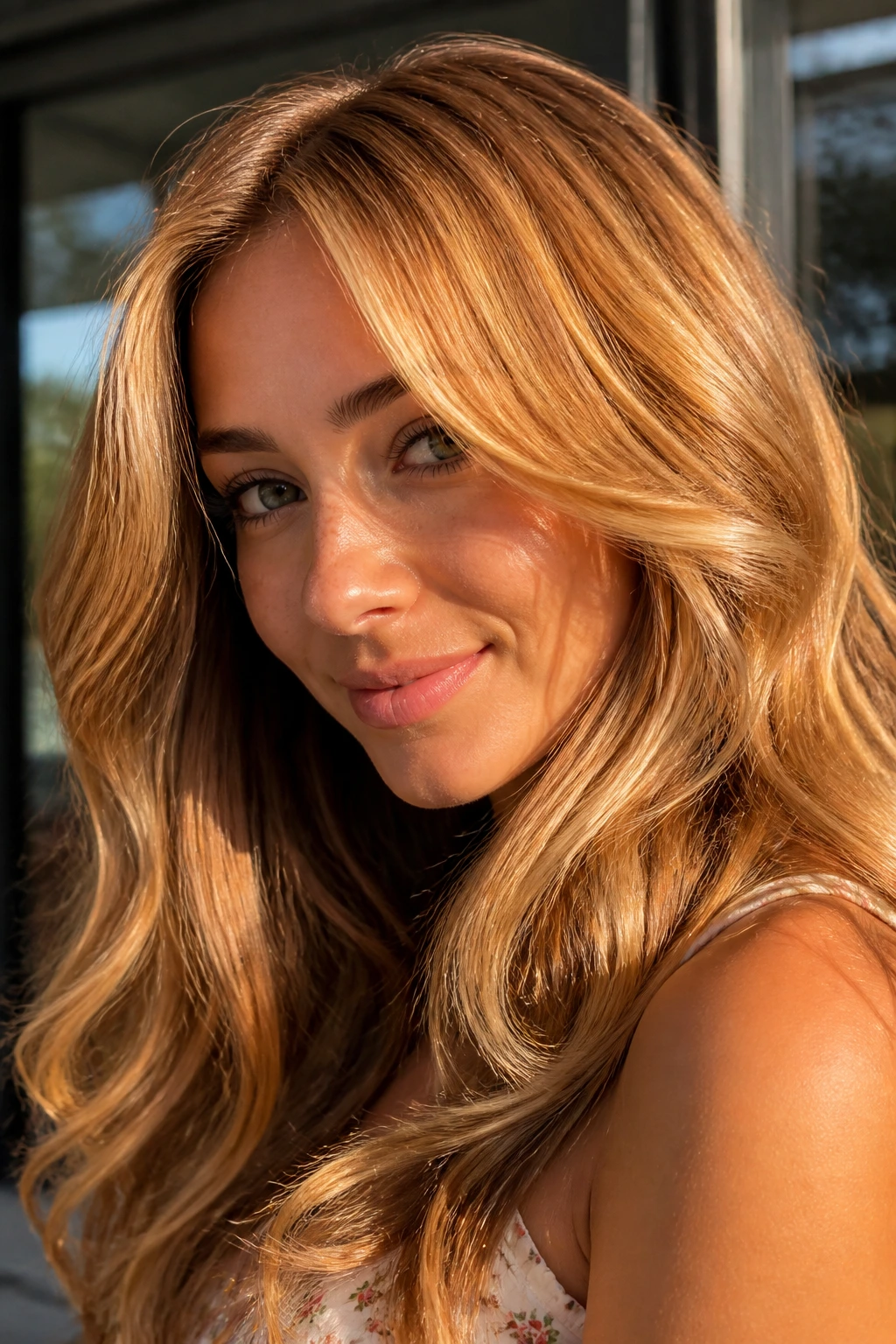 Close-up of apricot gold hair with warm glow in sunlight