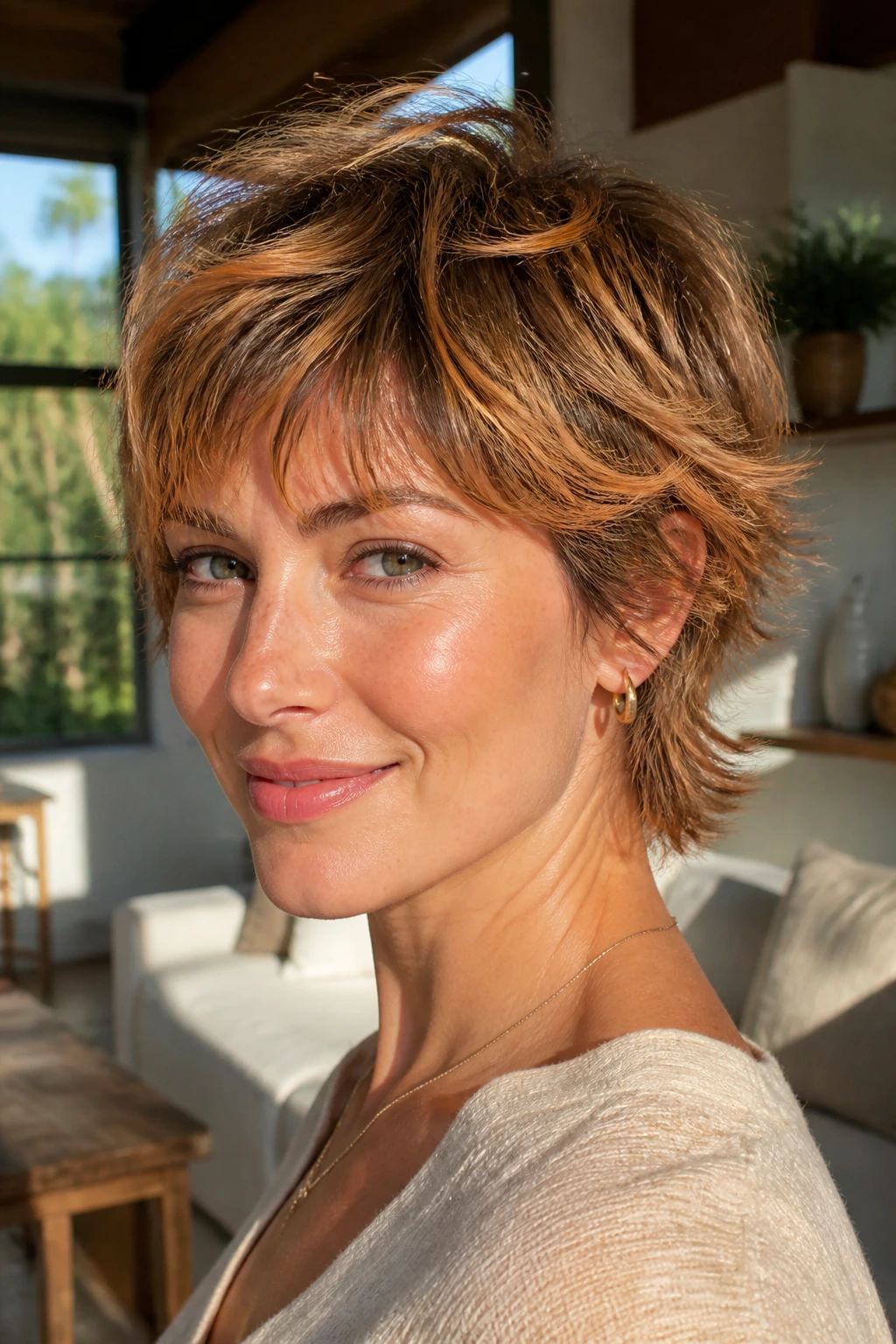 Real woman with apricot glow highlights on feathered crop hair