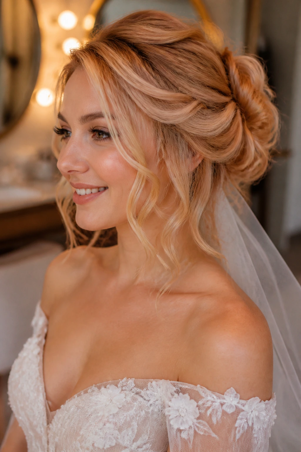 Close-up bride with warm apricot honey blonde hair in a sunlit bridal suite