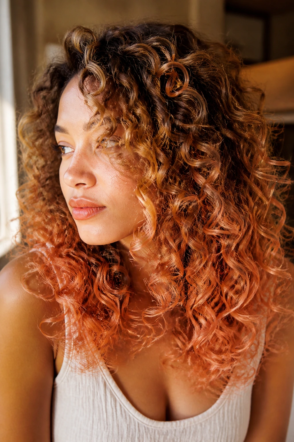 Close-up of apricot honey ends on layered curls
