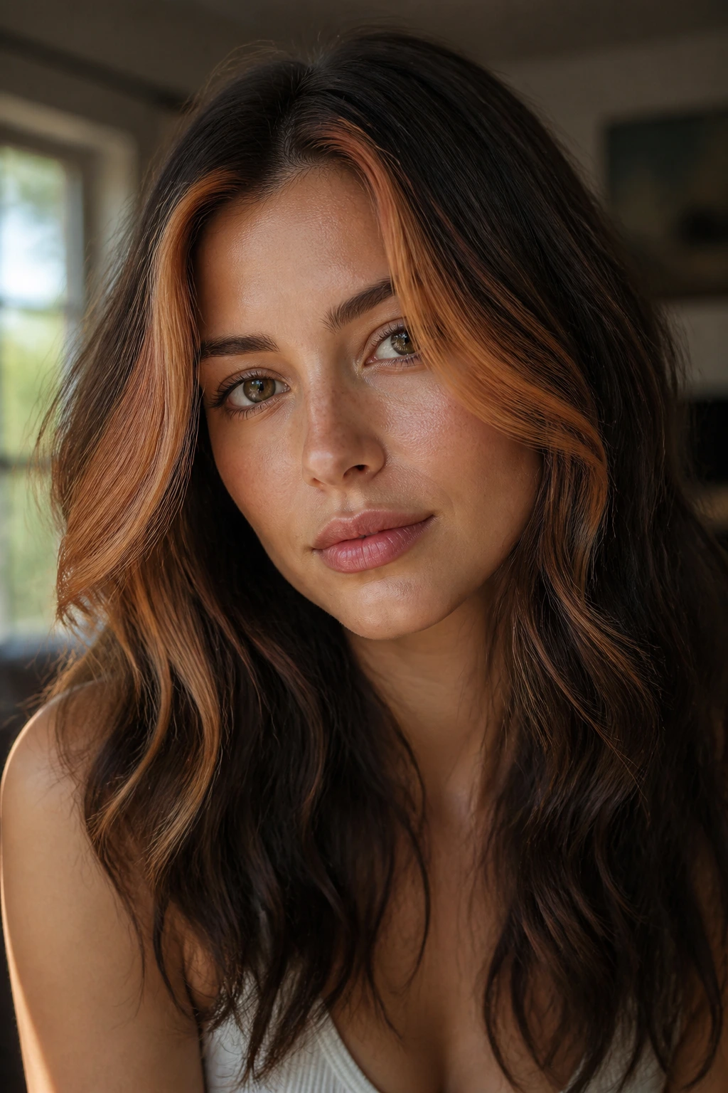 Face-framing apricot money piece on brunette hair