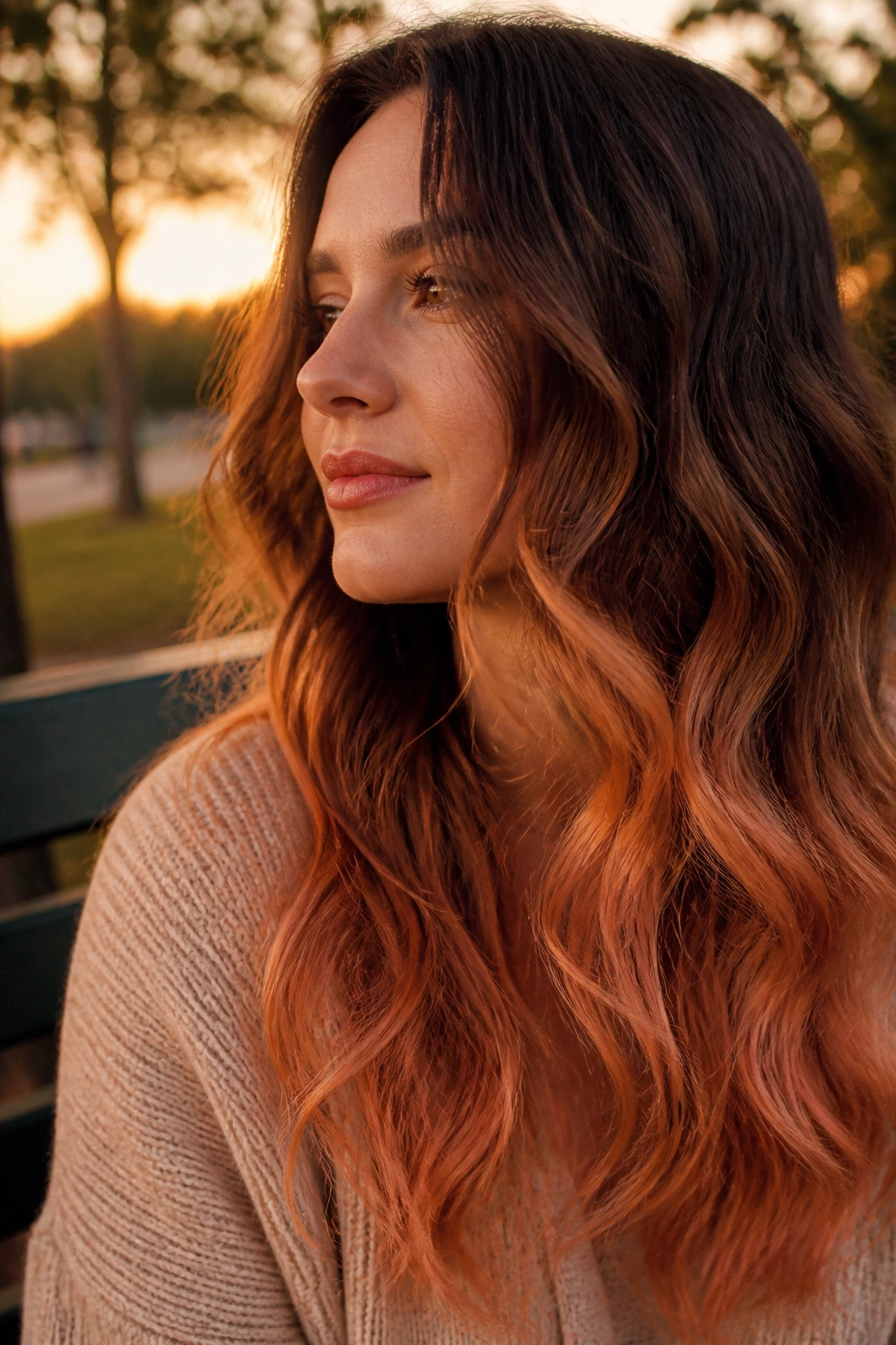 Close-up of a real person showing apricot and peach ends on wavy hair from mid-length to ends