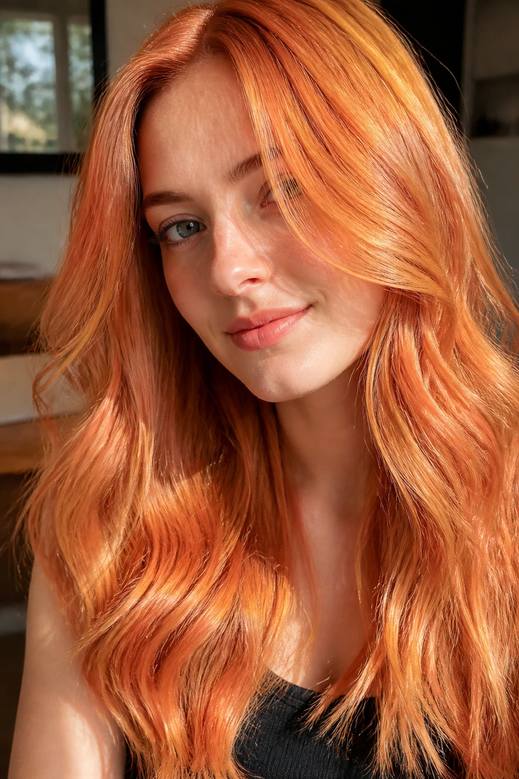 Close-up of a real woman with apricot peach hair in warm light