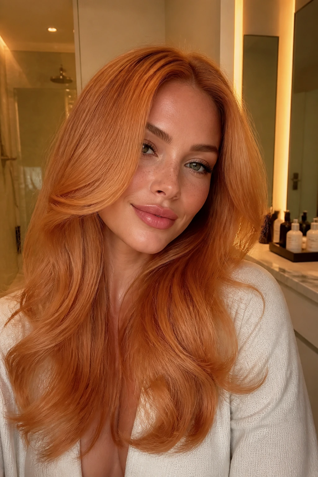 Real person with apricot red blowout and glossy waves