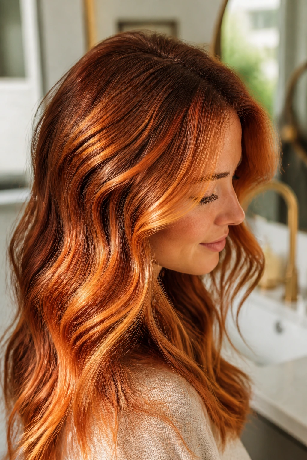 Copper hair with apricot ribbons near the top layers on a real person