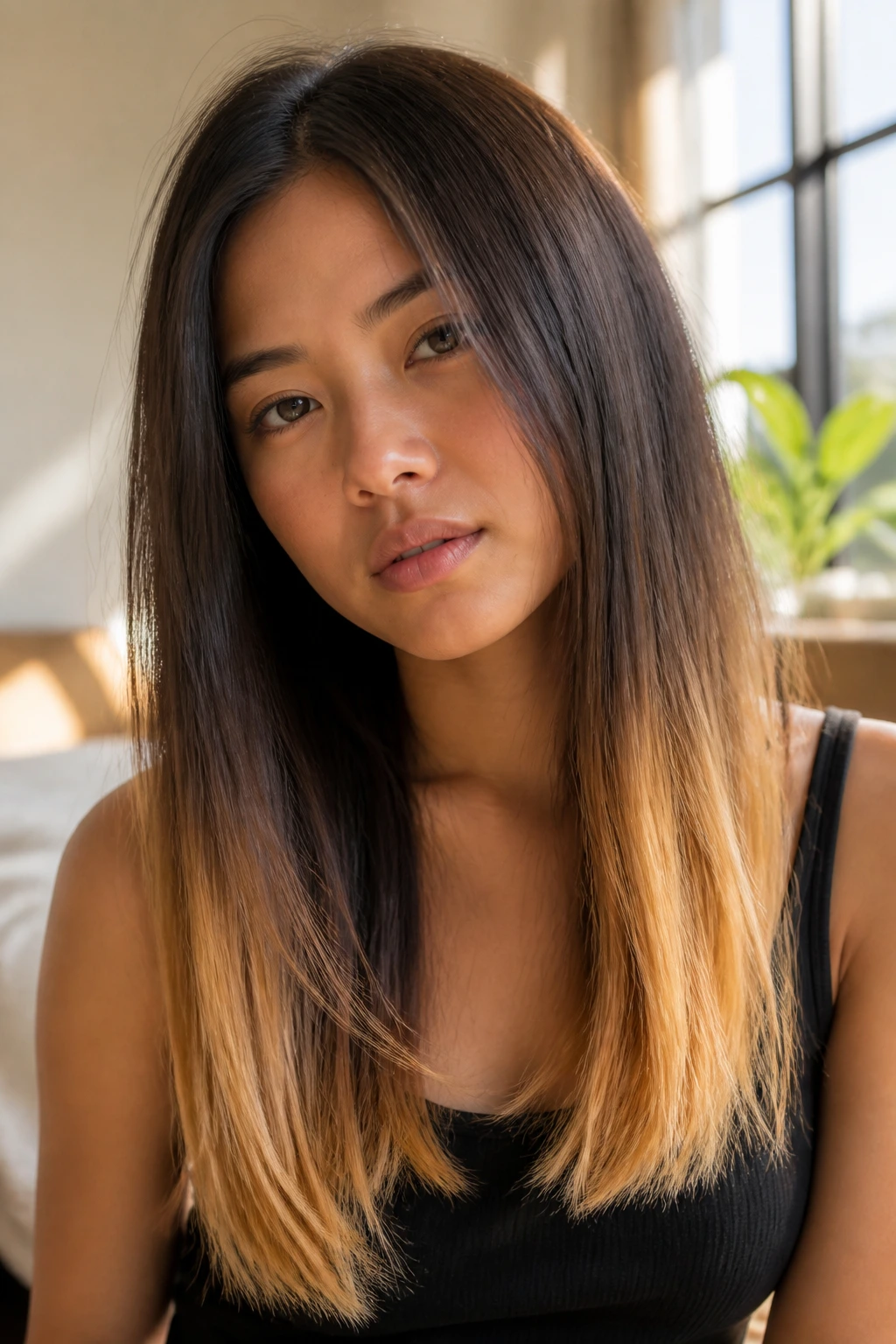 Close-up of a real person with straight hair showing golden apricot tips on the lower lengths