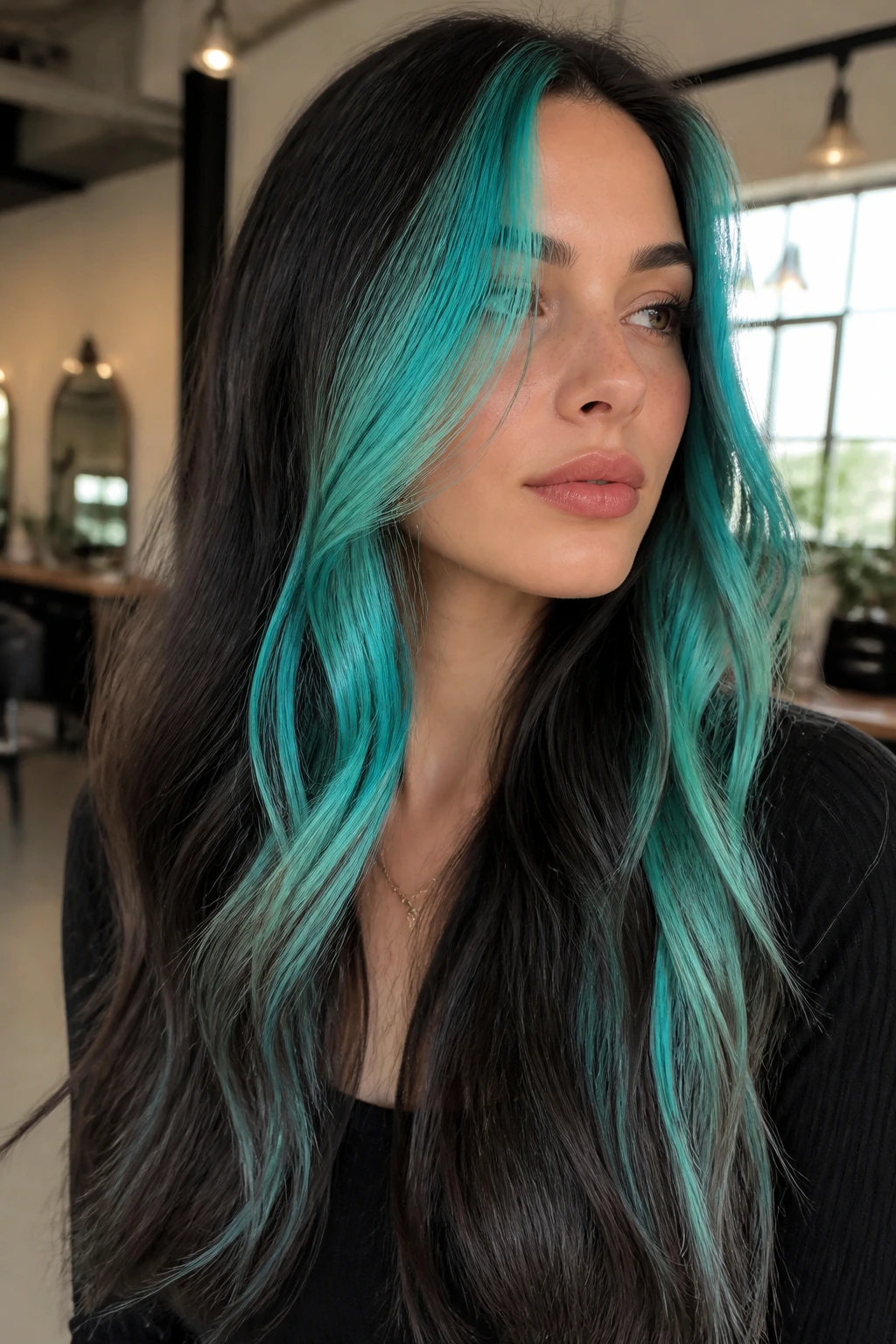 Close-up of a real woman with bright aqua face-frame pieces falling toward the cheeks