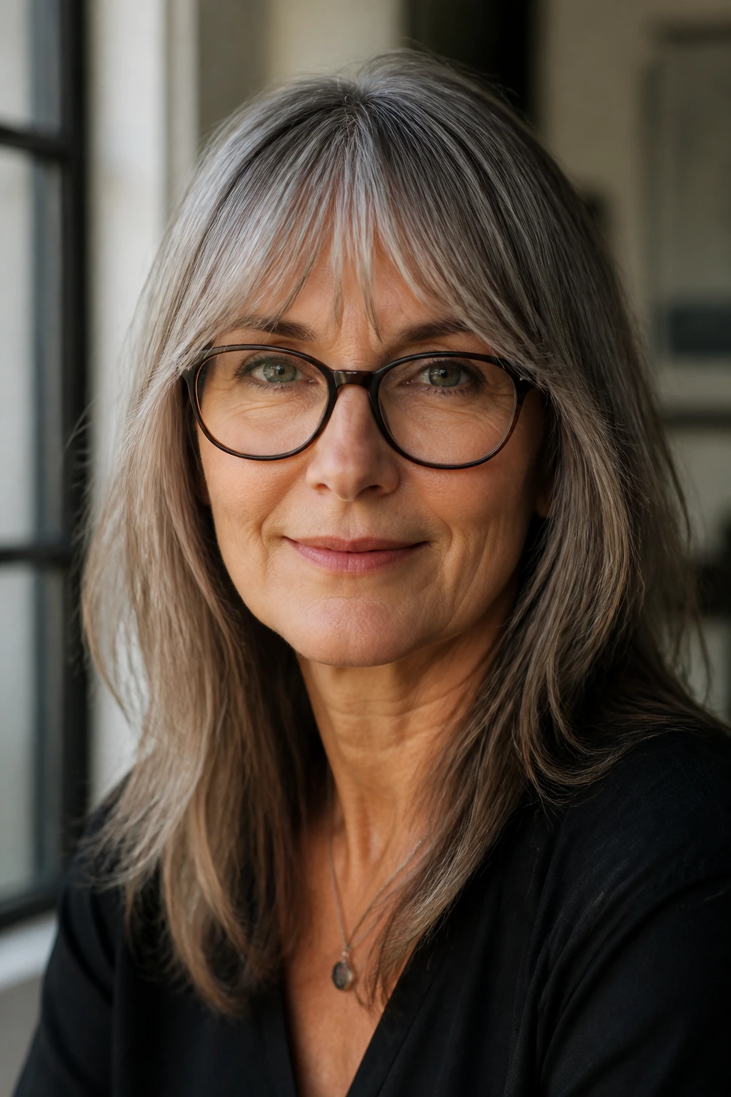 Portrait of a woman with a soft arc fringe that clears her glasses.