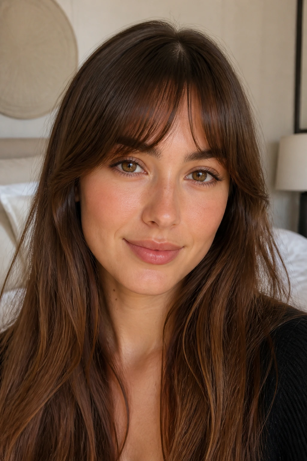 Close-up of a real woman with arched bangs along the brow bone under natural light