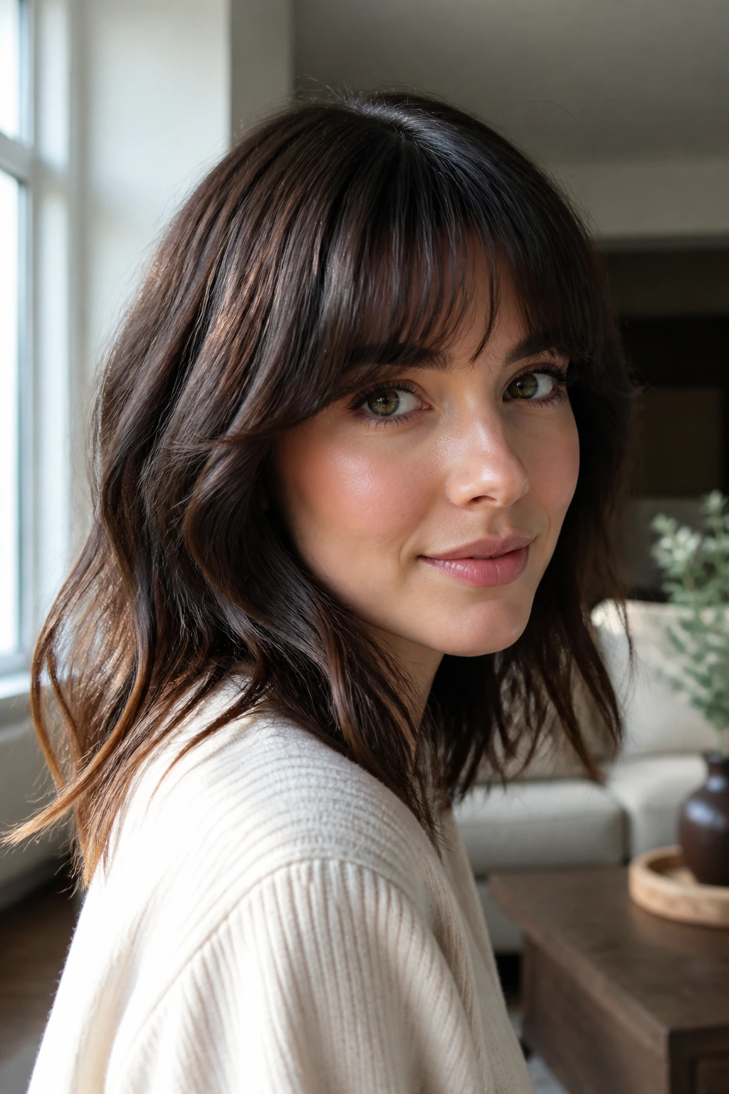 Close-up of a real person with arched bangs