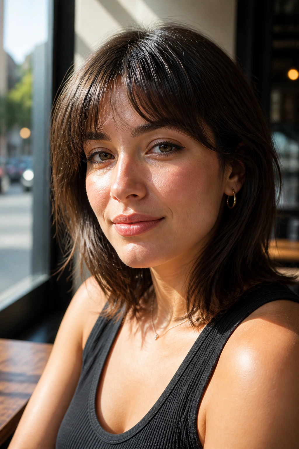 Close-up portrait of a real woman with arched bangs along the brow