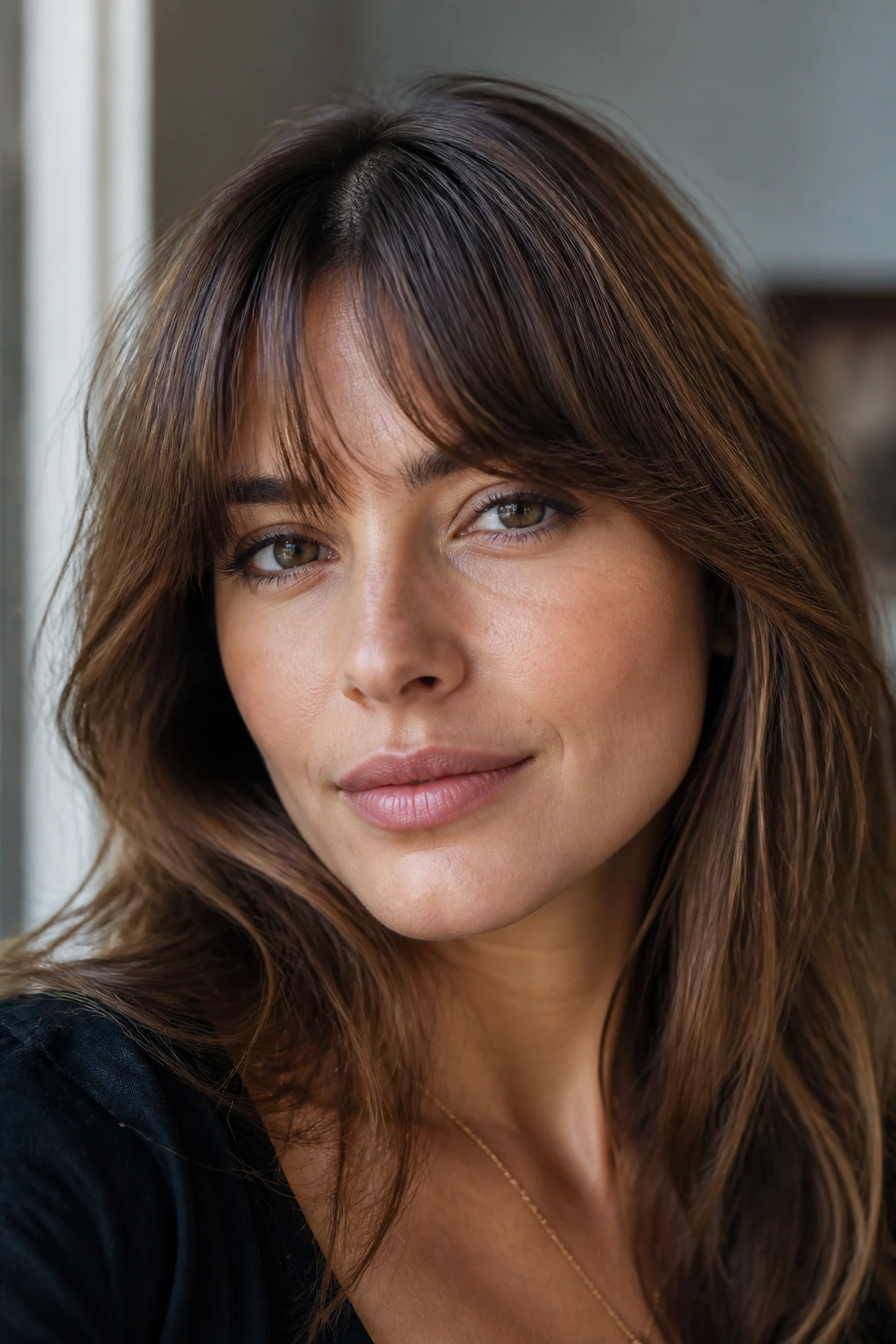 Close-up of a woman with arched bangs following the brow line