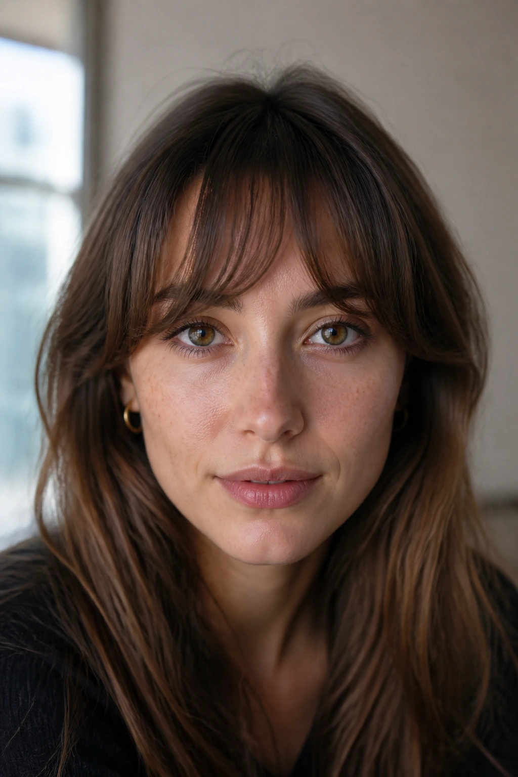 Close-up portrait of a real woman with long arched bangs tracing the brow line.