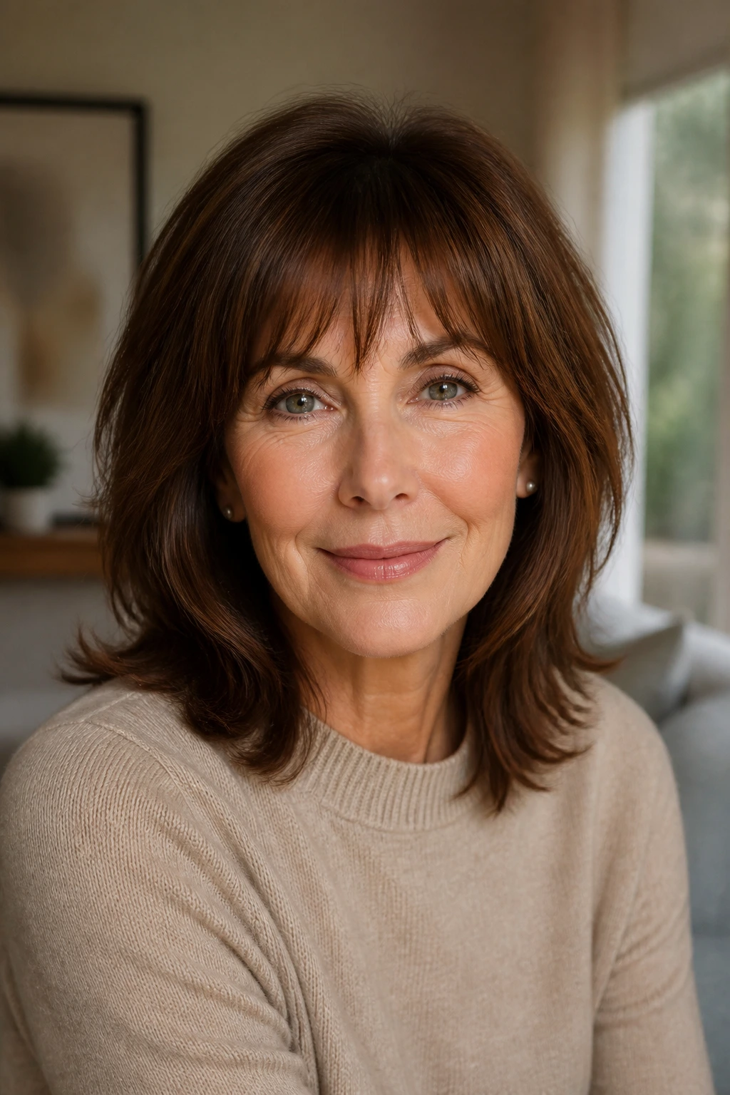Close-up of a real woman's arched bangs following the brow line.