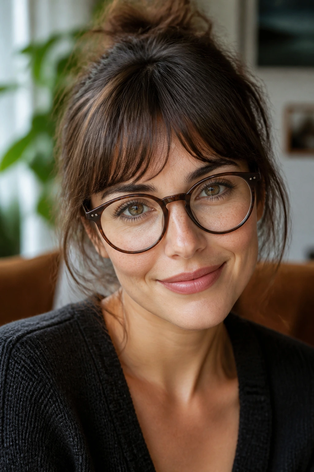 Close-up of a real woman with arched bangs following the brow line and glasses