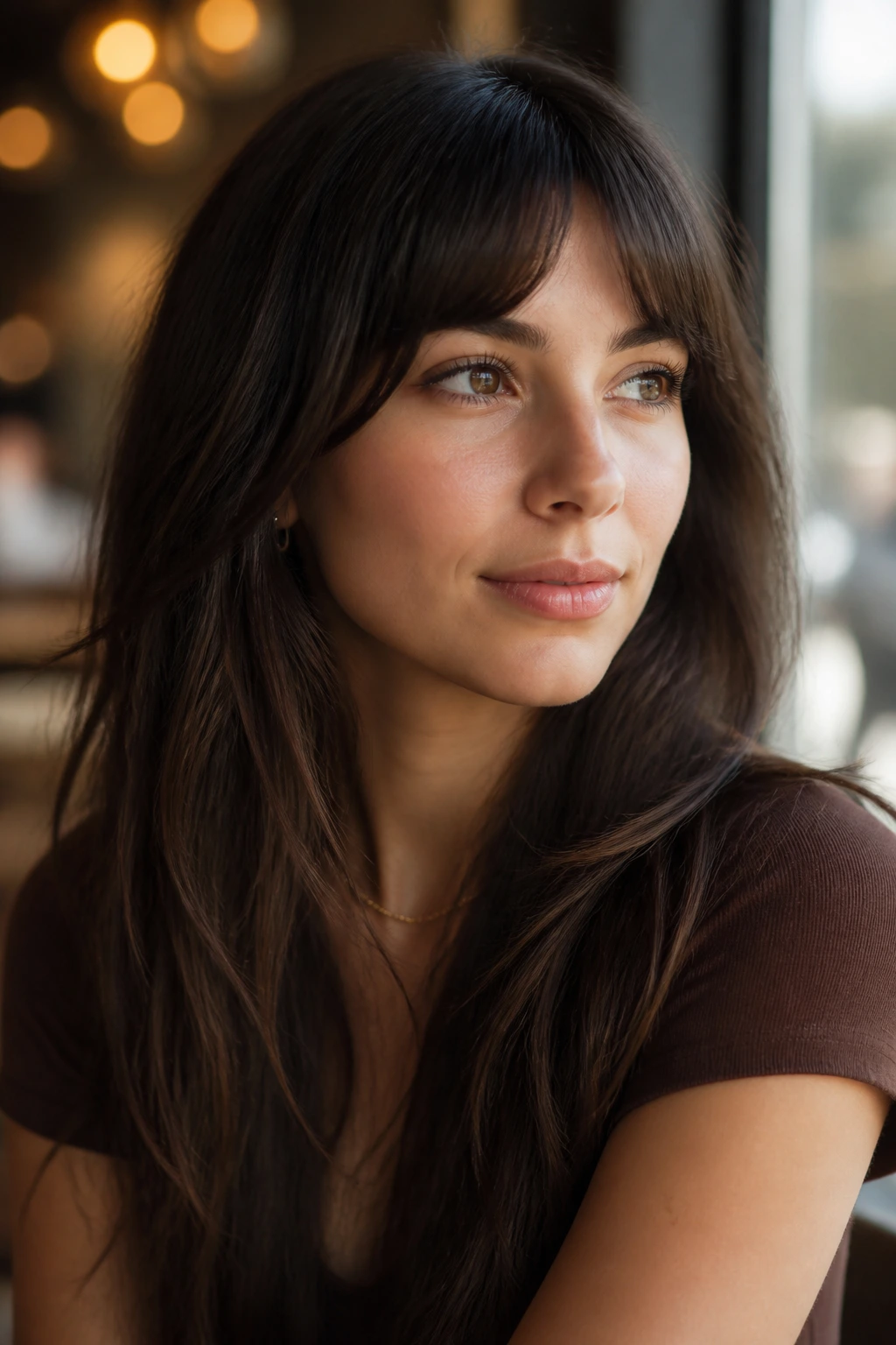 Close-up of a real woman with arched bangs tracing the brow line in natural daylight