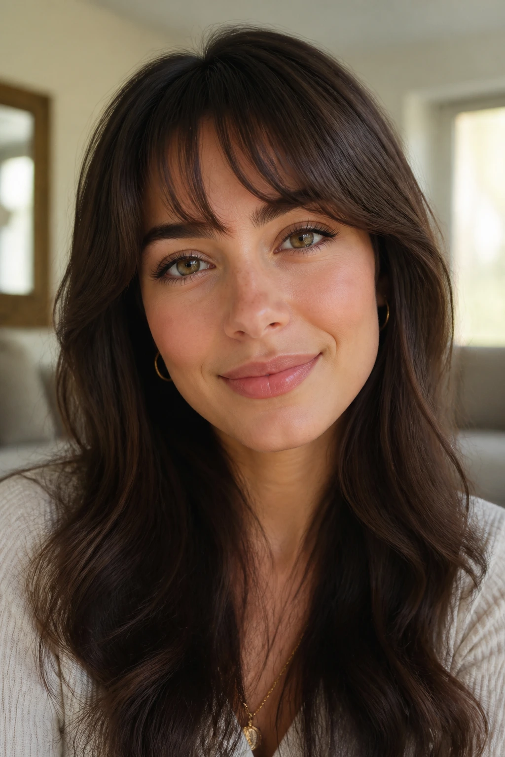 Close-up of a real woman with arched bangs following brow shape above the lashes