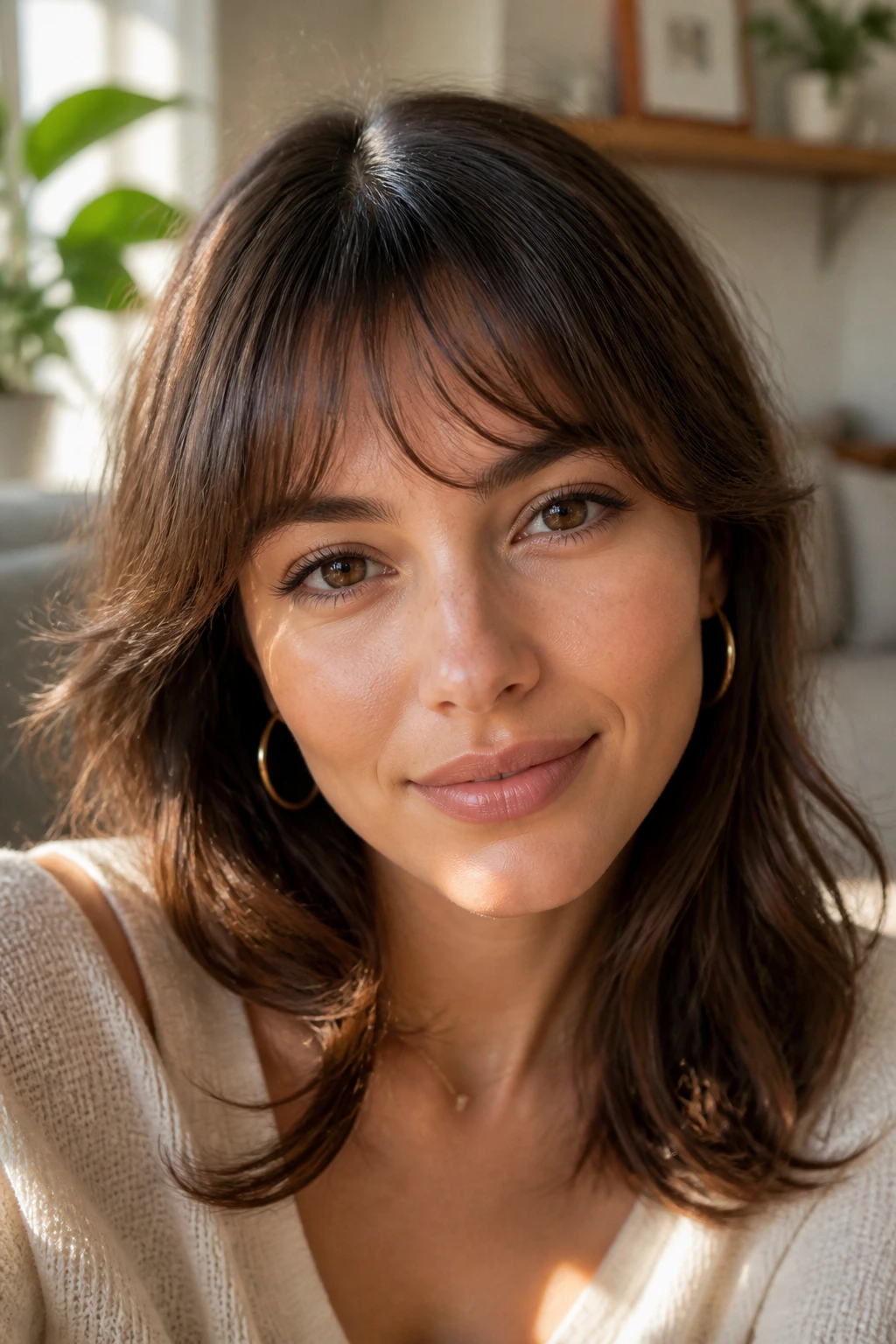Close-up of a real woman with arched bangs following the brow shape.