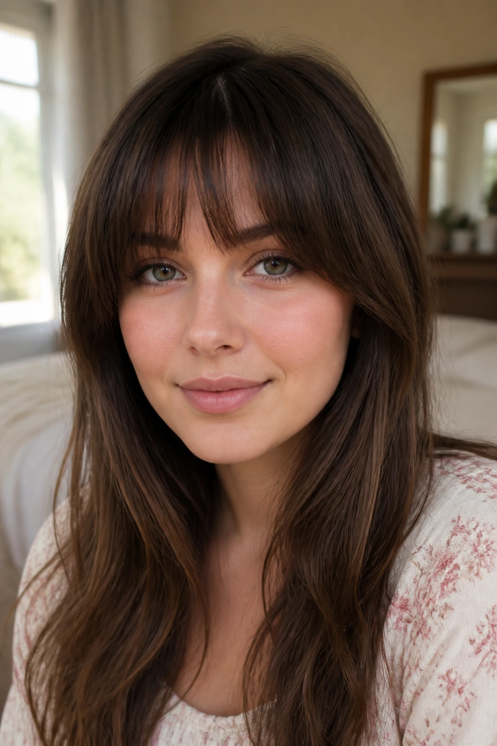 Close-up portrait of a real woman with arched bangs skimming the brows.