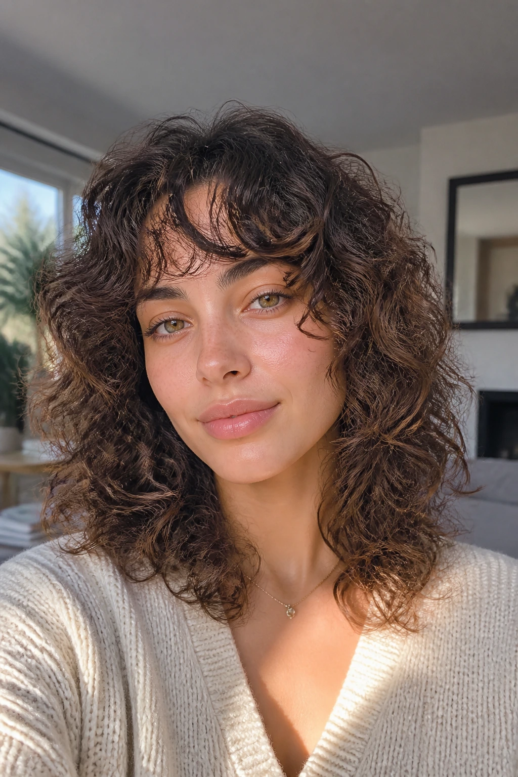 Real woman with mid-length curls and arched bangs.