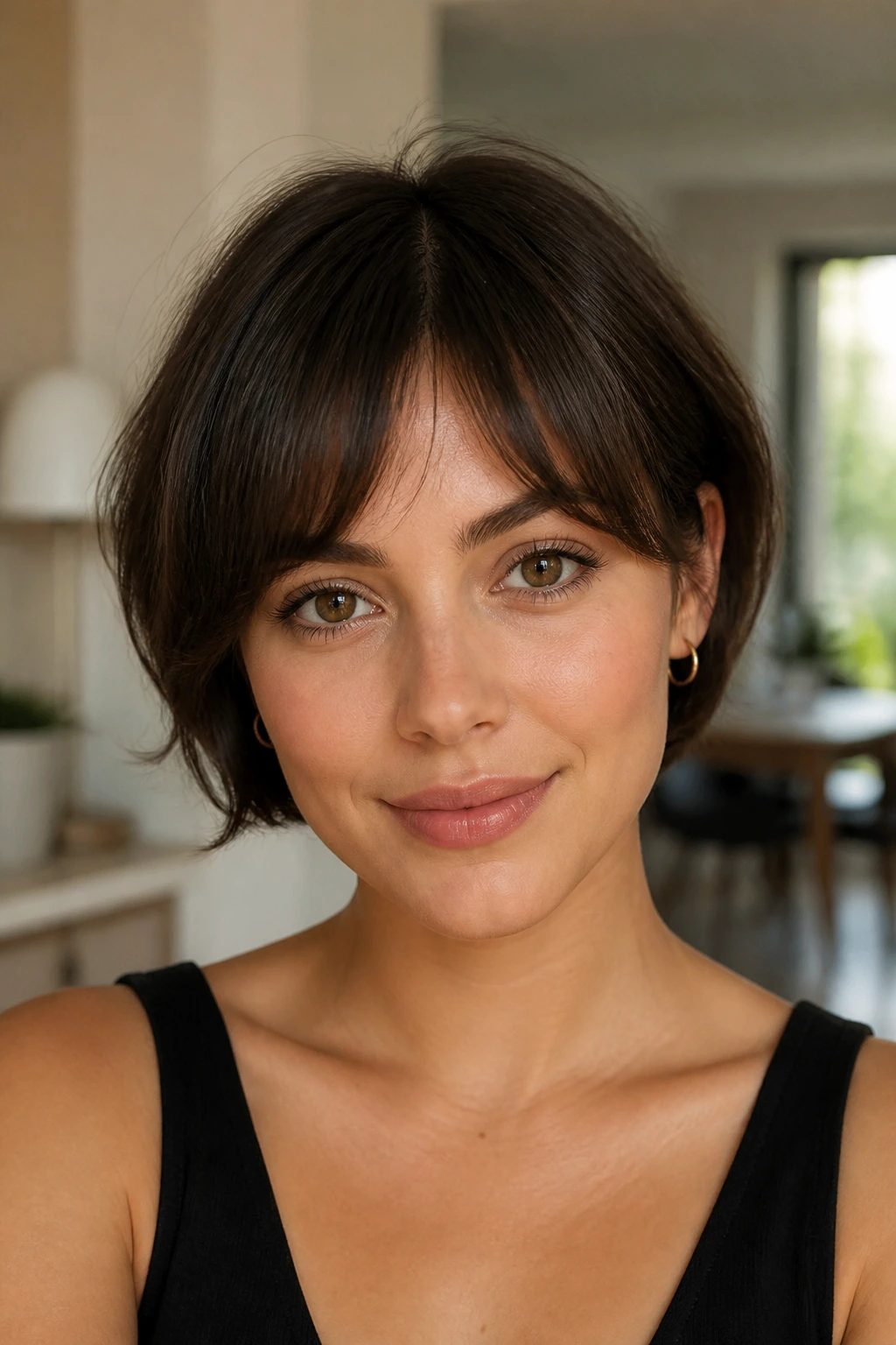 Real woman wearing arched bangs that open the eyes; soft light.